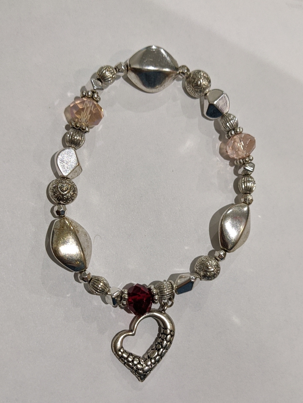 Silver Heart Charm Bracelet with Pink and Red Accents